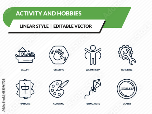 activity and hobbies icons set - ball pit, greeting, warming up, flying a kite, dealer outline vector collection.