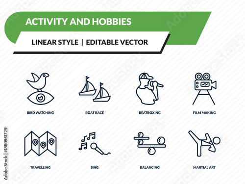 activity and hobbies icons set - bird watching, boat race, beatboxing, balancing, martial art outline vector collection.