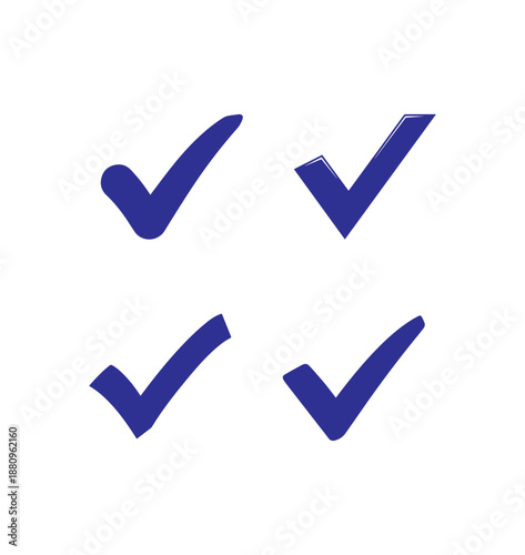 This organized collection of four unique hand-drawn blue check marks is ideal for indicating approval, selection, completion.