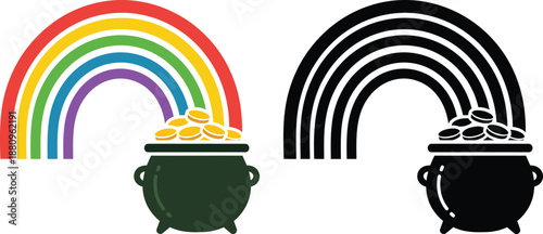 Color and black silhouette rainbow with pot of golden coins for St. Patrick's Day vector illustration