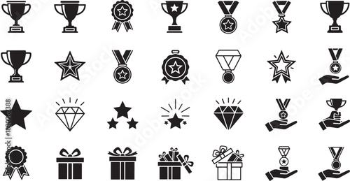 Achievement and Success Awards Icon Set with Trophies Medals and Gift Boxes