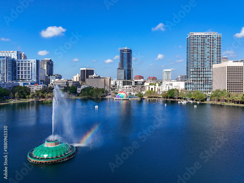 Aerial view of the fountain at Lake Eola in downtown Orlando in Orange County, Florida.