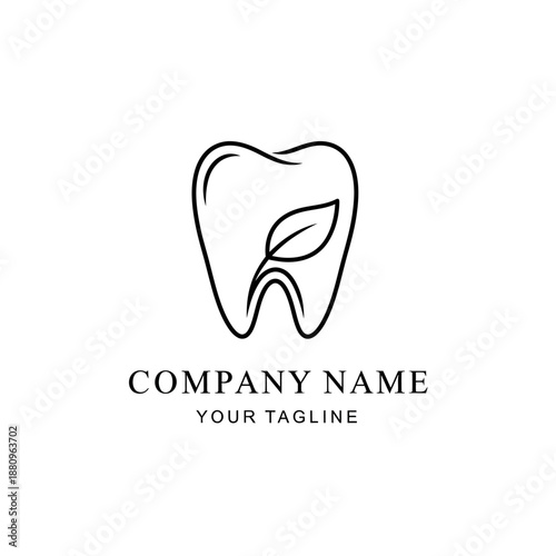 Minimalist Line Art Logo of a Tooth with a Leaf for Natural Dental Care.