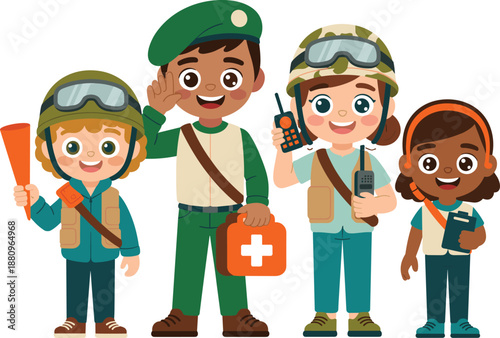 Group of cute diverse children dressed in rescue worker and soldier uniforms with medical kit and walkie talkie for career education.