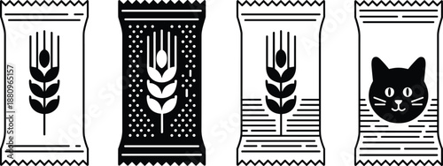 Minimalist black and white vector set of snack packaging icons including wheat stalks and a domestic cat face silhouette for pet food and organic grain product branding.