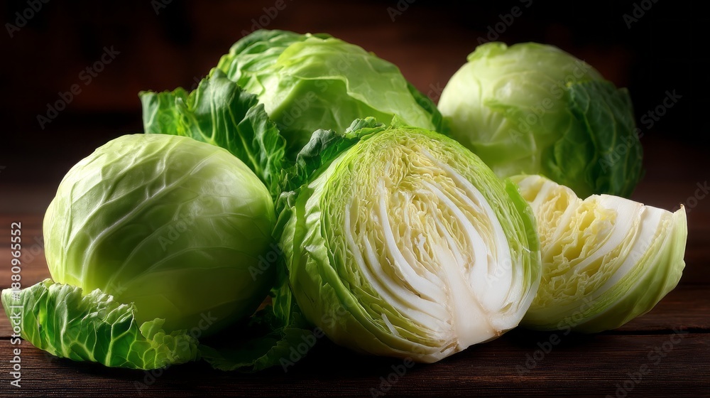 Fototapeta premium A bunch of green cabbage with one piece cut out