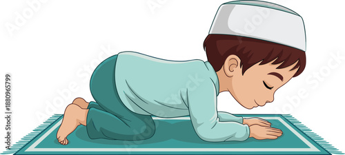 Flat vector illustration of a cute young Muslim boy in a white prayer cap performing Sujud prostration on a green prayer mat for Islamic religious and educational concepts.