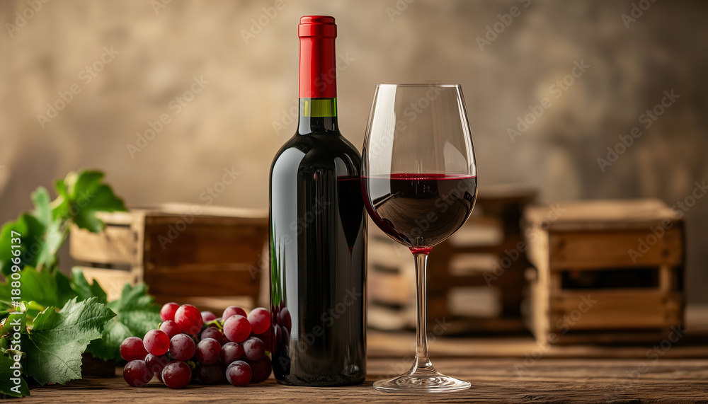 Fototapeta premium Red wine bottle and a glass with red drink sit on wooden table. Grapes are in a wooden crate, another wood box is behind