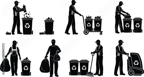 Sanitation worker silhouette, recycling activity, waste management, black figure, garbage collection, eco cleanup, bin sorting, urban hygiene, public service, environment