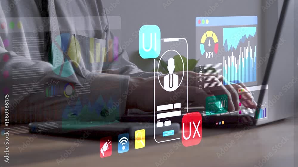 Business professional using laptop with virtual UI/UX design, AI and ...