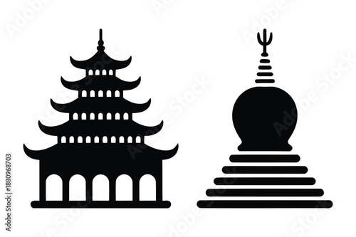 Silhouette icons of a multi-tiered pagoda and a traditional stupa
