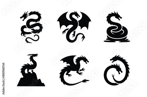 Collection of diverse dragon silhouette logos and mythical beasts
