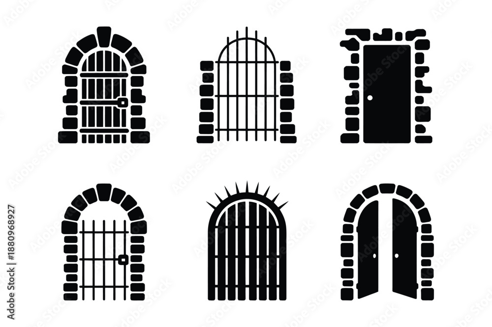 Naklejka premium Medieval Stone Arch Gate and Dungeon Door Silhouette Collection