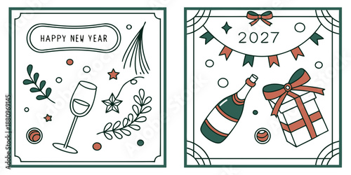 Happy New Year 2027 – Two-Panel Vector Greeting with Speech Bubble, Champagne, Ornament, Gift Box, and Festive Bow