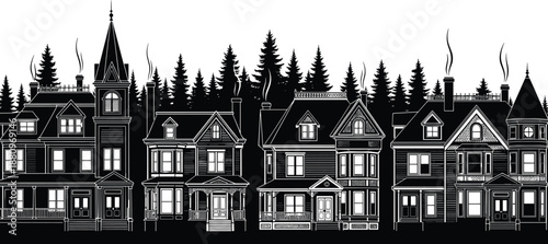 Haunted Victorian houses silhouette illustration, spooky village skyline, horror Halloween background, gothic architecture, dark night scene vector design