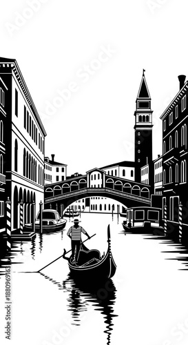Romantic Waterway Graphic Silhouette of Venice Canals with a Gondola