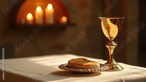 Ornate golden chalice with communion wine, silver paten with bread, altar cloth, candlelight, eucharist elements, religious sacrament, sacred vessels, liturgical objects, spiritual ceremony