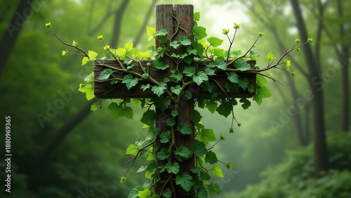 Lush green vine branches twisting energetically around wooden cross, abiding faith parable growth surge, religious christianity symbol