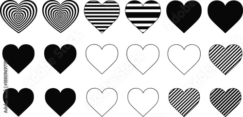 Heart shapes icon set illustration, love symbols collection with outline striped solid styles, romantic design elements, black white vector pack