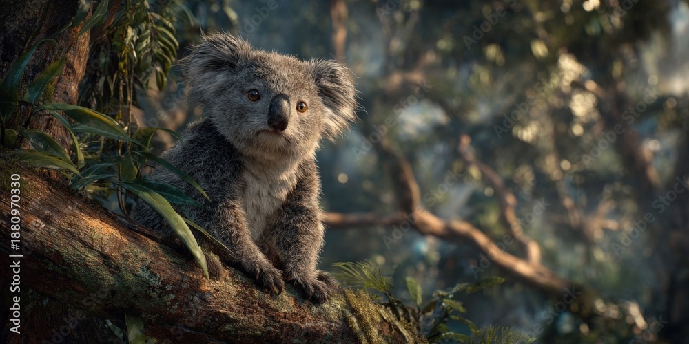 Fototapeta premium Cute Koala Sitting on Tree Branch in Natural Habitat