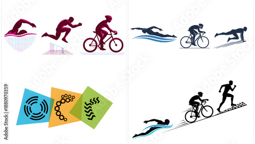 A triathlete in various poses of swimming, cycling, and running with colorful graphics and logos