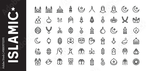 Islamic culture icon collection containing mosque prayer crescent moon and traditional elements