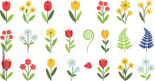  Spring Flowers and Plants Collection Set with Tulips Daisies Ferns Ladybug Leaves and Stems Vector Illustration for Floral Design Gardening Crafts and Botanical Decor