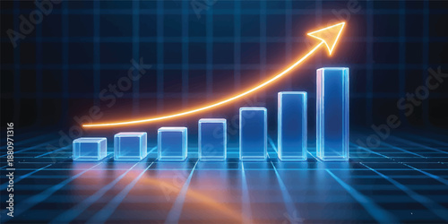 Business graph illustration on a red screen showing financial market growth with a blue data arrow and an upward line pulse representing stock success