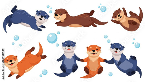 Playful otters swimming and frolicking in water with bubbles  