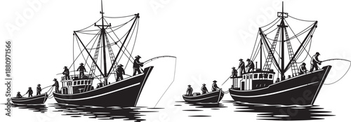 Black and White Silhouette Vector of Commercial Fishing Boats and Trawlers with Fishermen at Sea, Maritime Industry Illustration Vector