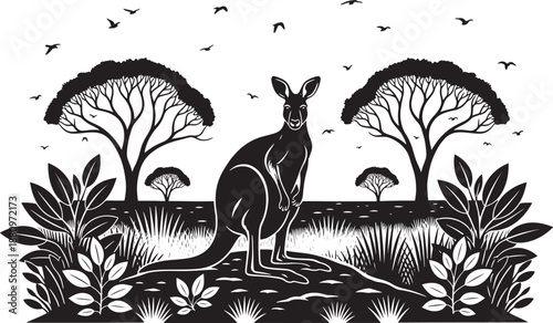 Australian Outback Landscape Vector with Kangaroo Silhouette, Acacia Trees, and Flying Birds in the Wilderness Vector