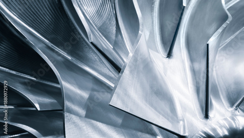 Photos Close-up of titanium turbine blades.