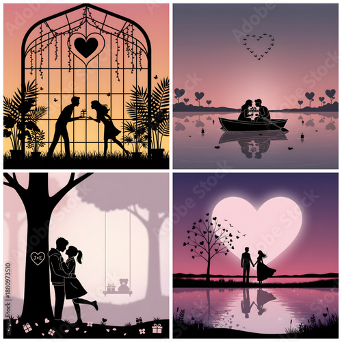 A romantic collage of couples in love with heart shaped silhouettes