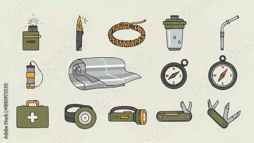 Comprehensive vector icon set featuring essential outdoor survival gear and camping equipment, perfect for wilderness adventures and emergency preparedness