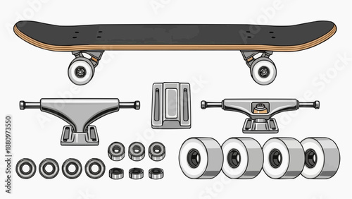 An overhead view of a disassembled skateboard, showcasing all of its components and individual parts for assembly or repair