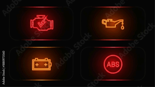 Luminous neon car dashboard warning lights set. Icons for engine, oil, battery, and ABS system. Critical vehicle alerts emphasizing safety and diagnostics
