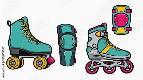 Vector illustration of diverse roller skating equipment, including vintage quad skates, contemporary inline skates, and complementary protective pads for active recreation