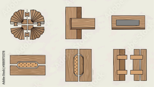 Detailed technical illustrations of traditional wooden joinery, highlighting intricate interlocking mechanisms and robust woodworking connections, essential for craft, construction, and design