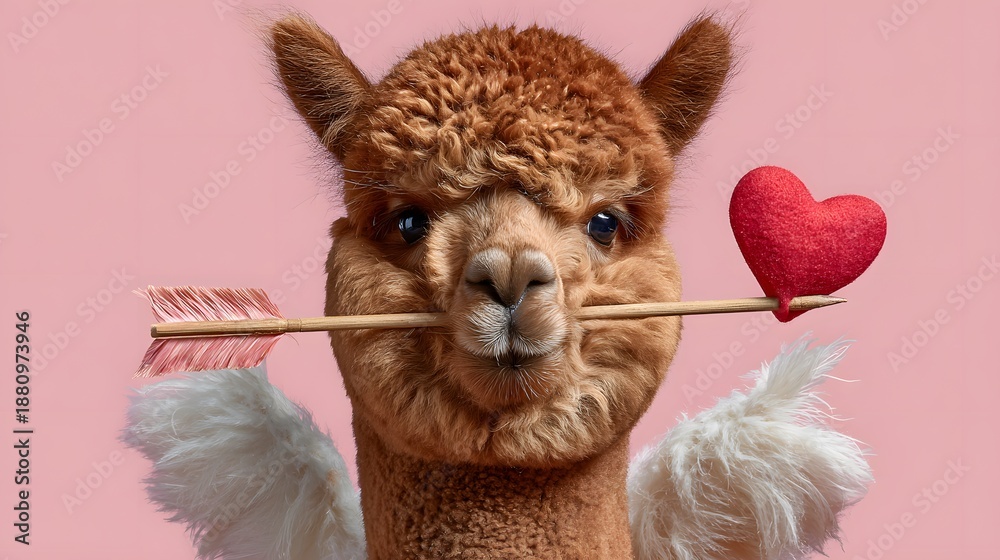 Fototapeta premium Cute alpaca with fluffy wings holding a red heart on an arrow in its mouth against a pink background, perfect for Valentine's Day or love-themed designs