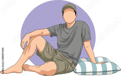 Stylized illustration of a relaxed barefoot person seated with pillow and purple background, ideal for leisure, comfort, and modern lifestyle themes.