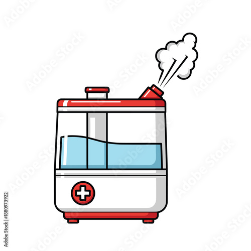 An illustration of a red and white steam inhaler with a medical cross on the front and steam coming out of the top used for medical treatment