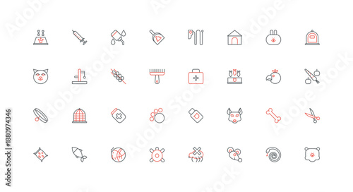 Veterinary and pet care at home line icon set. Dog kennel, house and cage of animal, kitty and rabbit face, bowl for food and bone, vaccine thin black and red outline symbols vector illustration