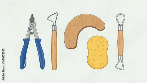 Ceramic tools and sponge, essential supplies for pottery and sculpting artists to shape and mold clay with precision
