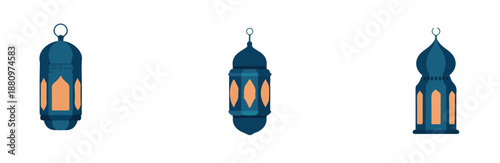 Set of blue islamic lanterns with orange elements for ramadan and eid