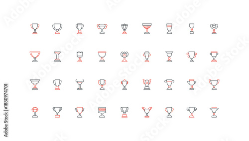 Winners trophy cup, success and honor award, prize of champion in competition, tournament or contest line icon set. Gold goblets of victory thin black and red outline symbols vector illustration