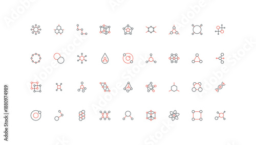 Chemistry, molecular structure and chemical formula, model of atom line icon set. Data and bio cell, network of particles, electron and proton thin black and red outline symbols vector illustration