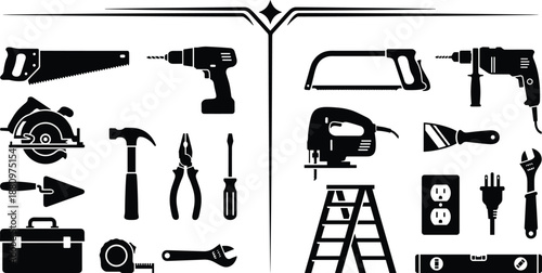Black silhouette vector collection of construction tools and equipment for home repair renovation carpentry and handyman graphic design projects