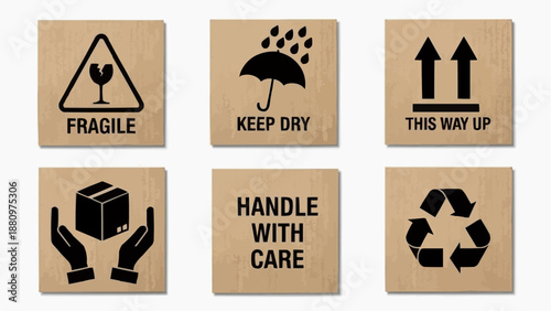 Collection of shipping and handling symbols for packages, including fragile, keep dry, this way up, handle with care, and recycling icons