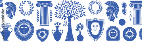 Ancient Greek Mediterranean Print Vector Set Mythology Symbols & Olive Motifs