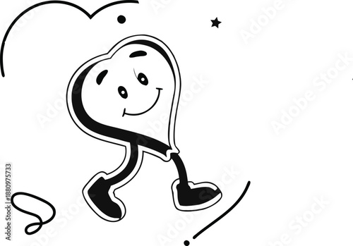 A cheerful walking heart character in a simple black and white line art illustration 